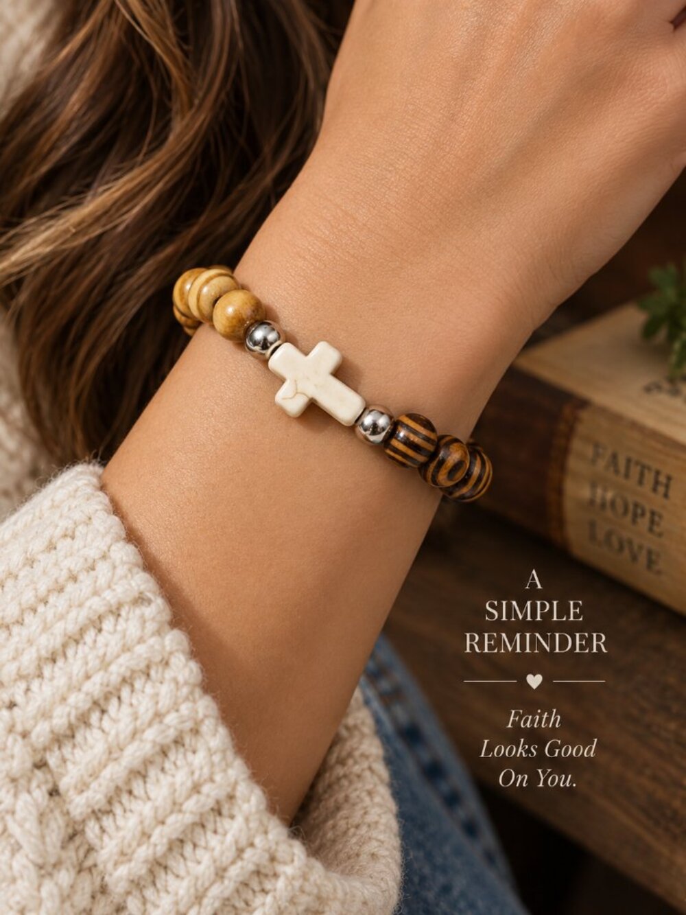 Wood Bead Cross Bracelet Ivory Christian Faith Stretch Bracelet Two Tone Brown